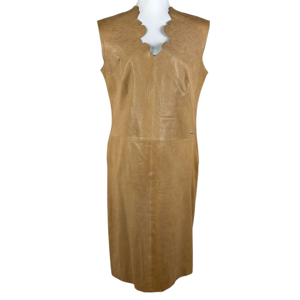 Escada Leather Sleeveless Midi Dress Womens EU 38 US 6 Light Umber Tan Scalloped